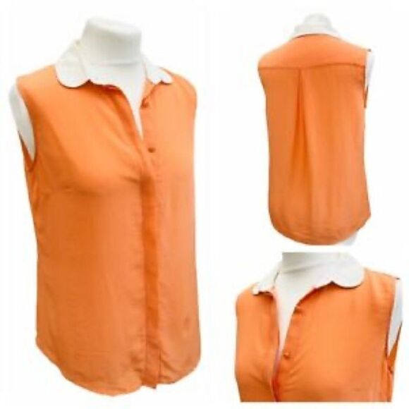 MASSIMO DUTTI SILK BUTTON DOWN SLEEVELESS SHIRT TANGERINE ORANGE WHITE COLLAR M - Picture 6 of 11